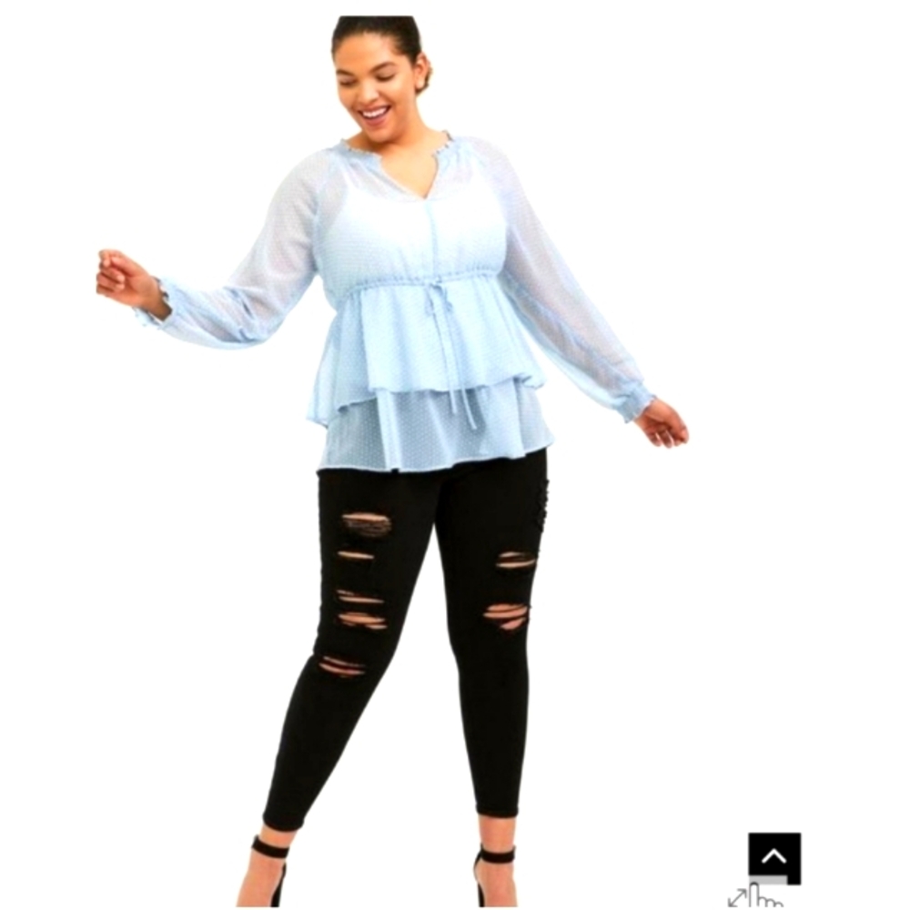 Torrid Sheer Polka Dot Crinkle Chiffon Drawstring Baby Blue Ruffled Blouse 0 L